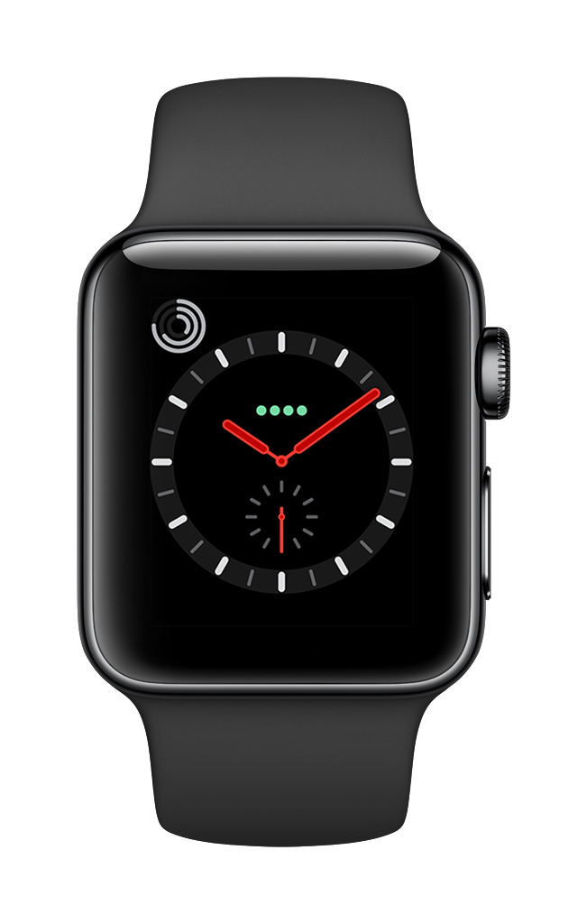 APPLE Watch Series 3 (GPS + Cellular) 38 mm Smartwatch Edelstahl Hochleistungs-Fluorelastomer, 130-200 mm, Space Schwarz mit Sportarmband Schwarz