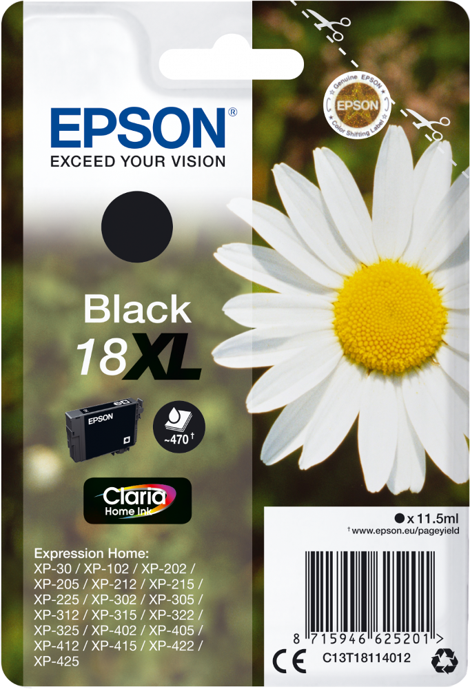 Un emballage de cartouche d'encre Epson avec une cartouche d'encre noire et une fleur de marguerite.