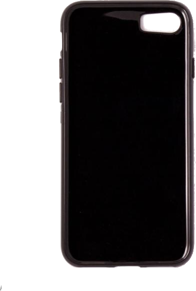 Fekete telefontok fehér háttéren. A tokon kameranyílás és oldalsó gombok találhatók.
