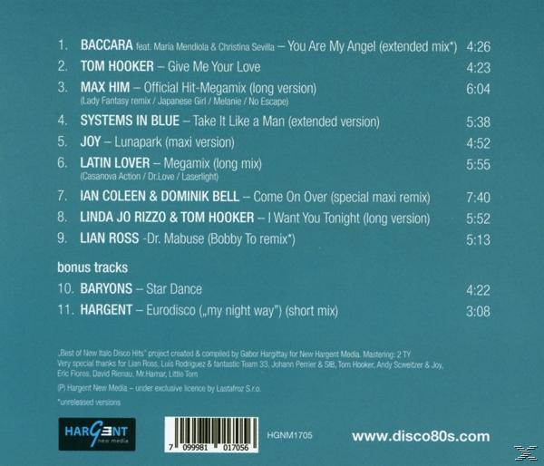 CD-Cover für eine Zusammenstellung von Italo-Disco-Hits. Die Titelliste enthält Titel und Künstler.
