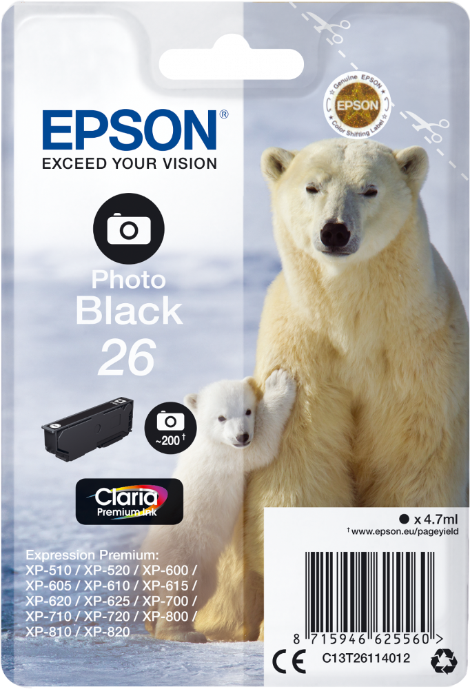 Emballage de cartouche d'encre Epson Photo Black 26. Présente un ours polaire et son petit, la marque Epson et du texte.