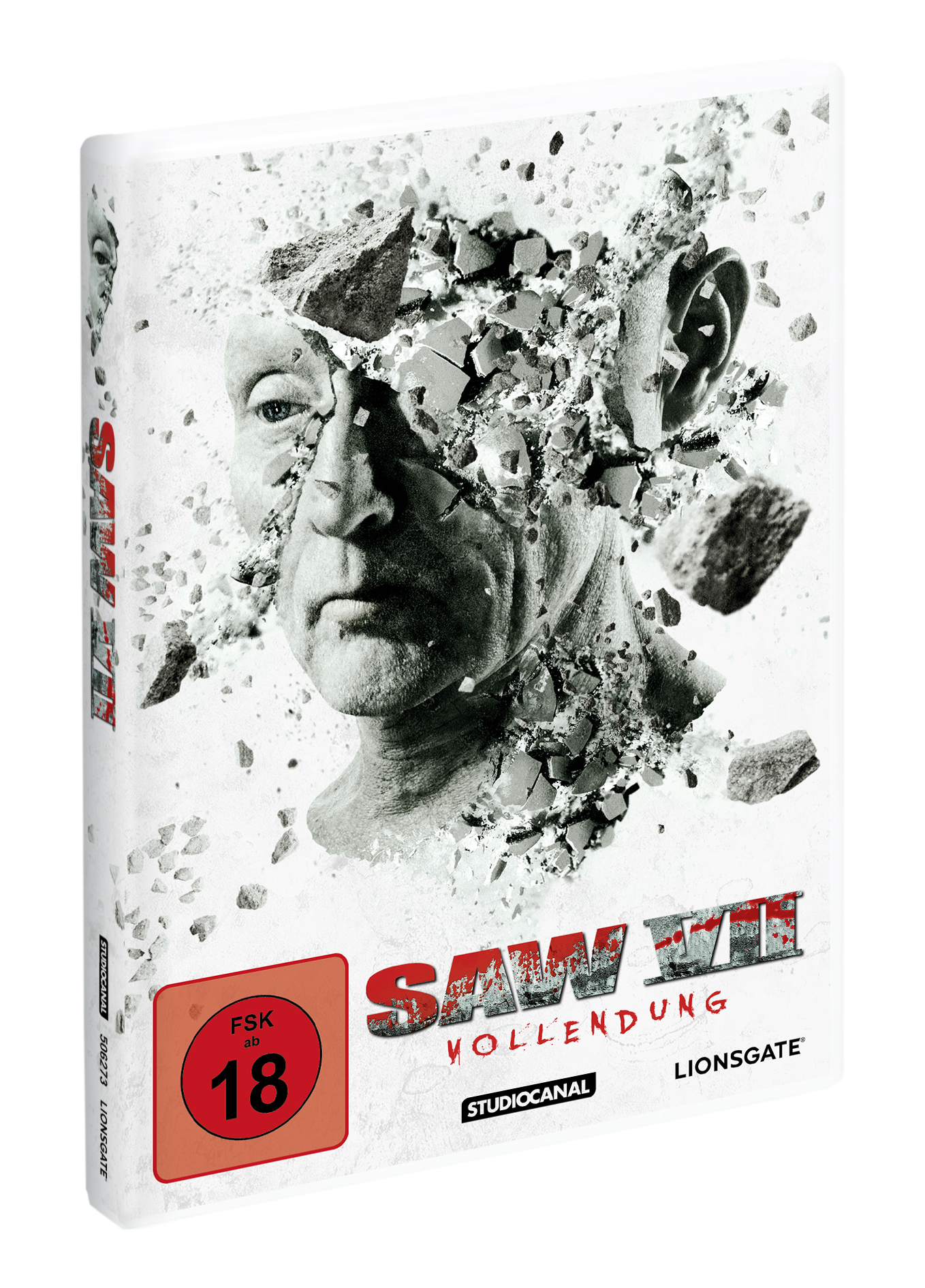 DVD-Hülle: Gesicht eines Mannes explodiert in Fragmenten, Titel 'SAW VII'.