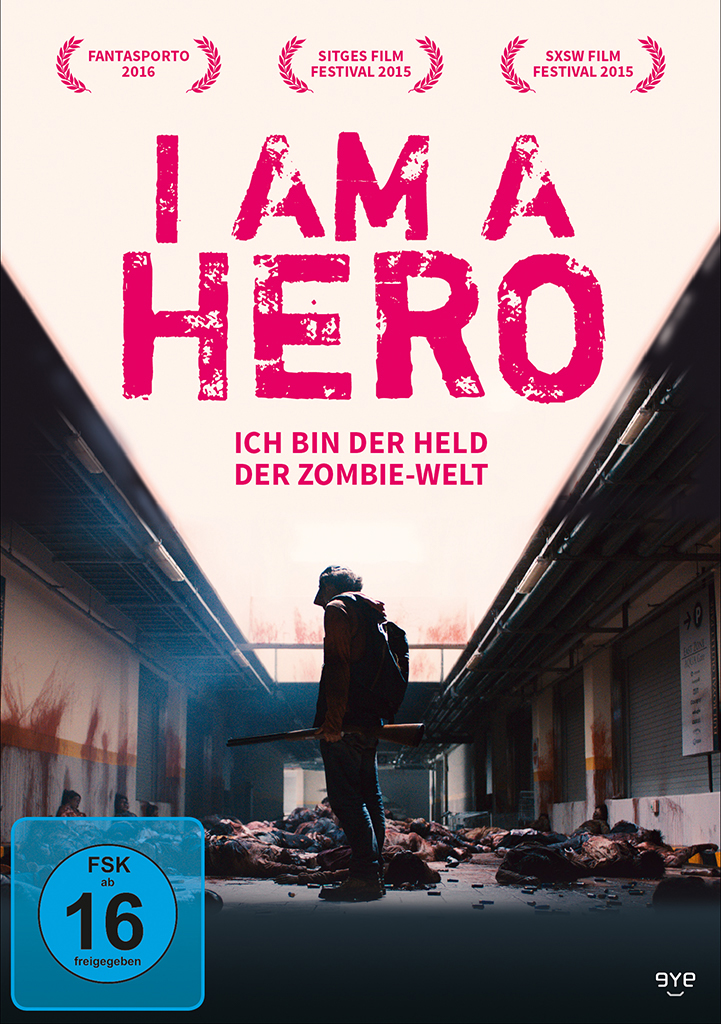 Filmposter mit einem Mann mit Rucksack in einer von Zombies befallenen Umgebung.
