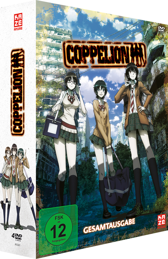 Eine DVD-Box für den Anime Coppellion. Drei Mädchen stehen vor einer zerstörten Stadt.