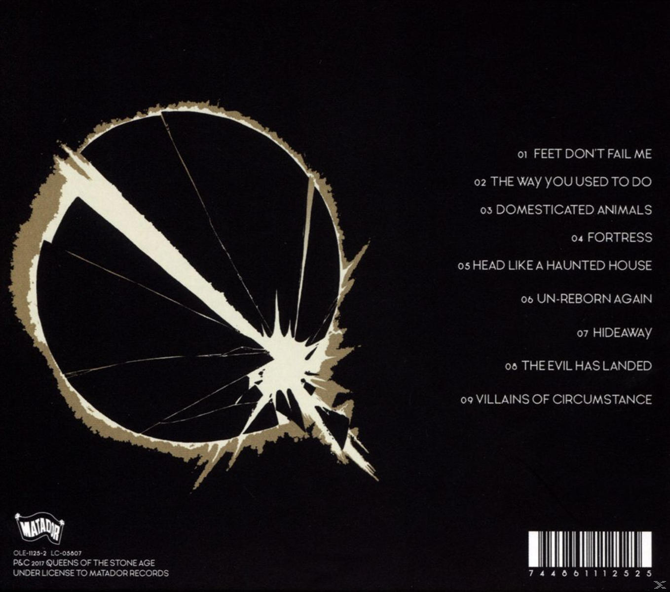 Albumcover mit zerbrochenem Kreis. Das Album ist 'Villains of Circumstance' von Queens of the Stone Age.