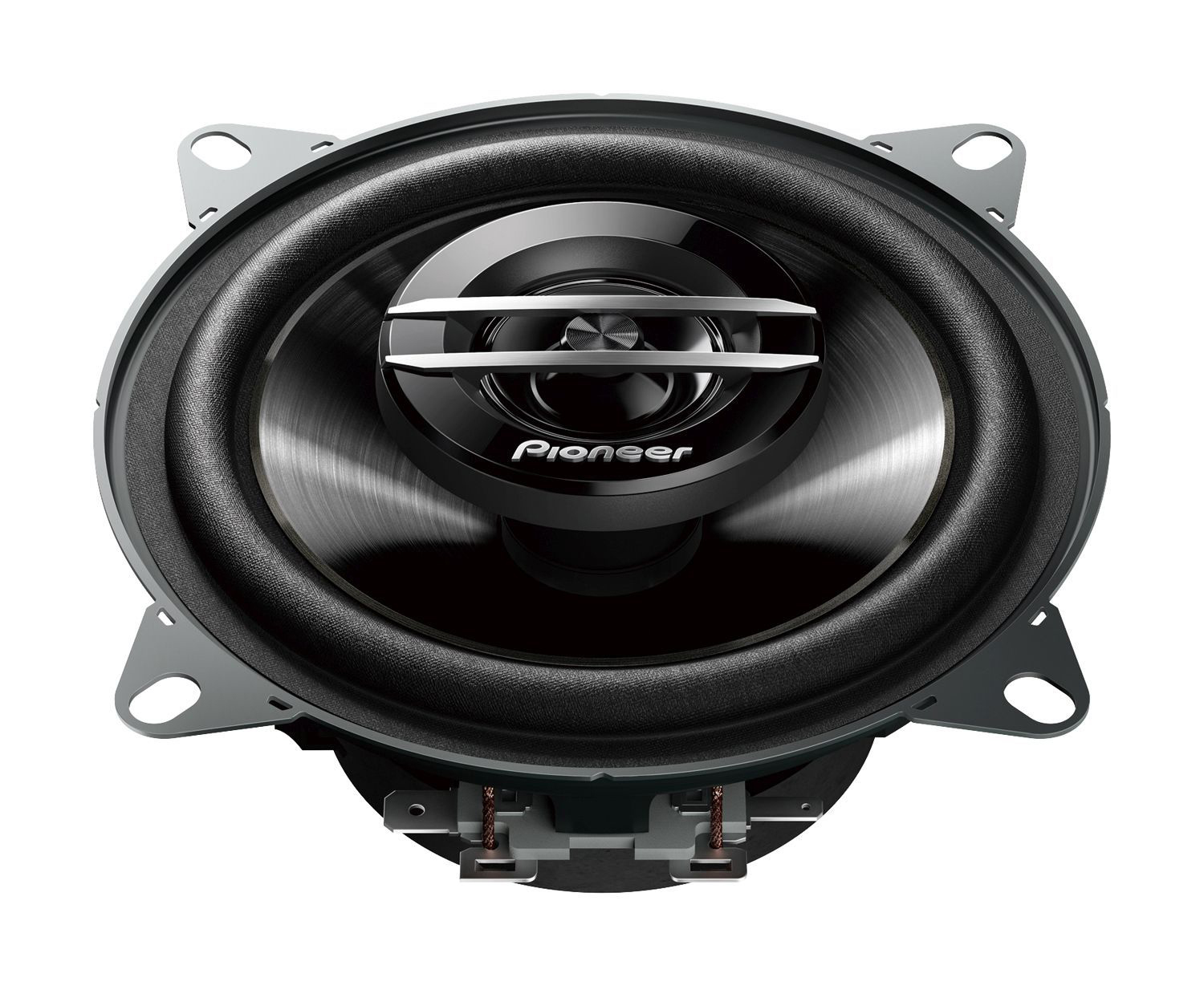 Pioneer Auto-Lautsprecher. Schwarzer Lautsprecher mit silbernen Akzenten. Weißer Hintergrund.