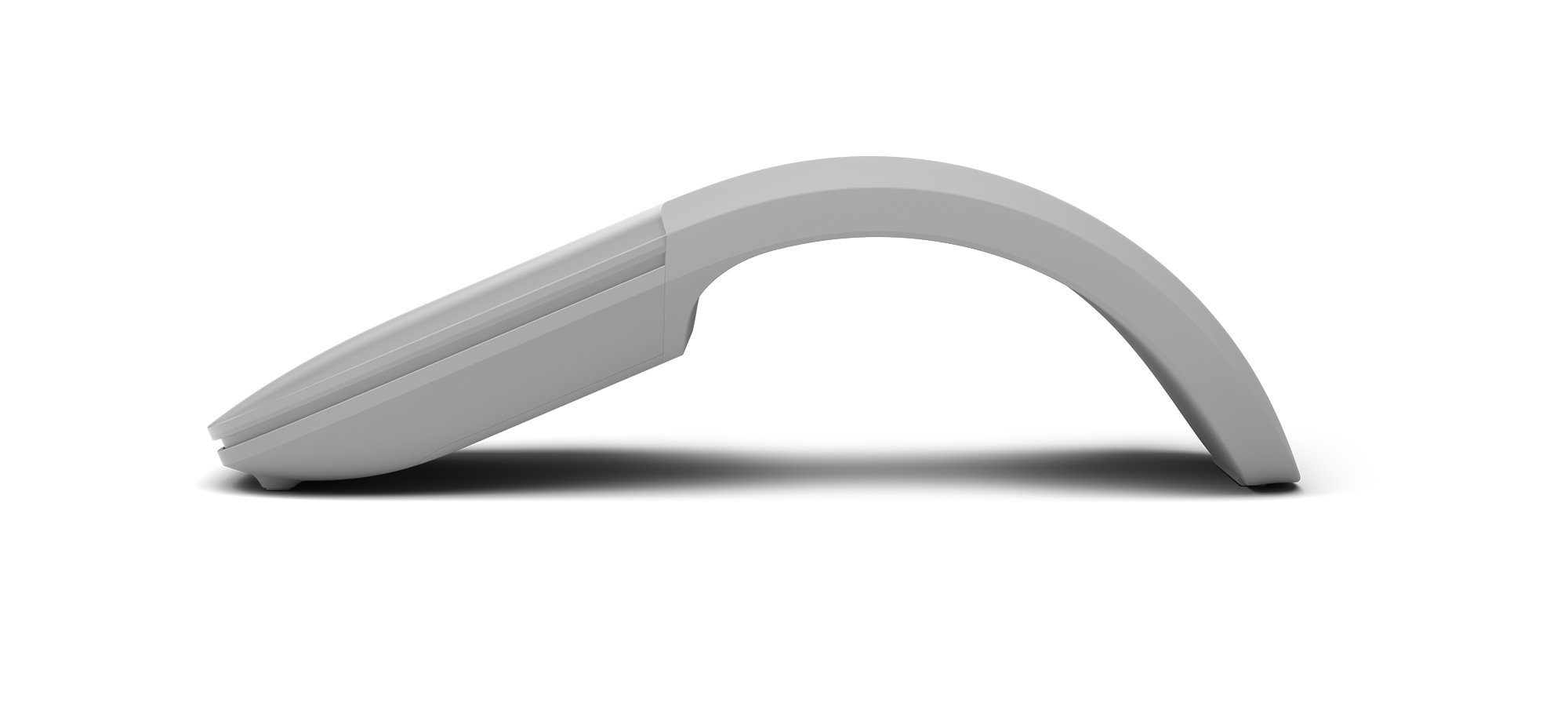 A gray Microsoft Arc mouse in profile view, set against a white backdrop.