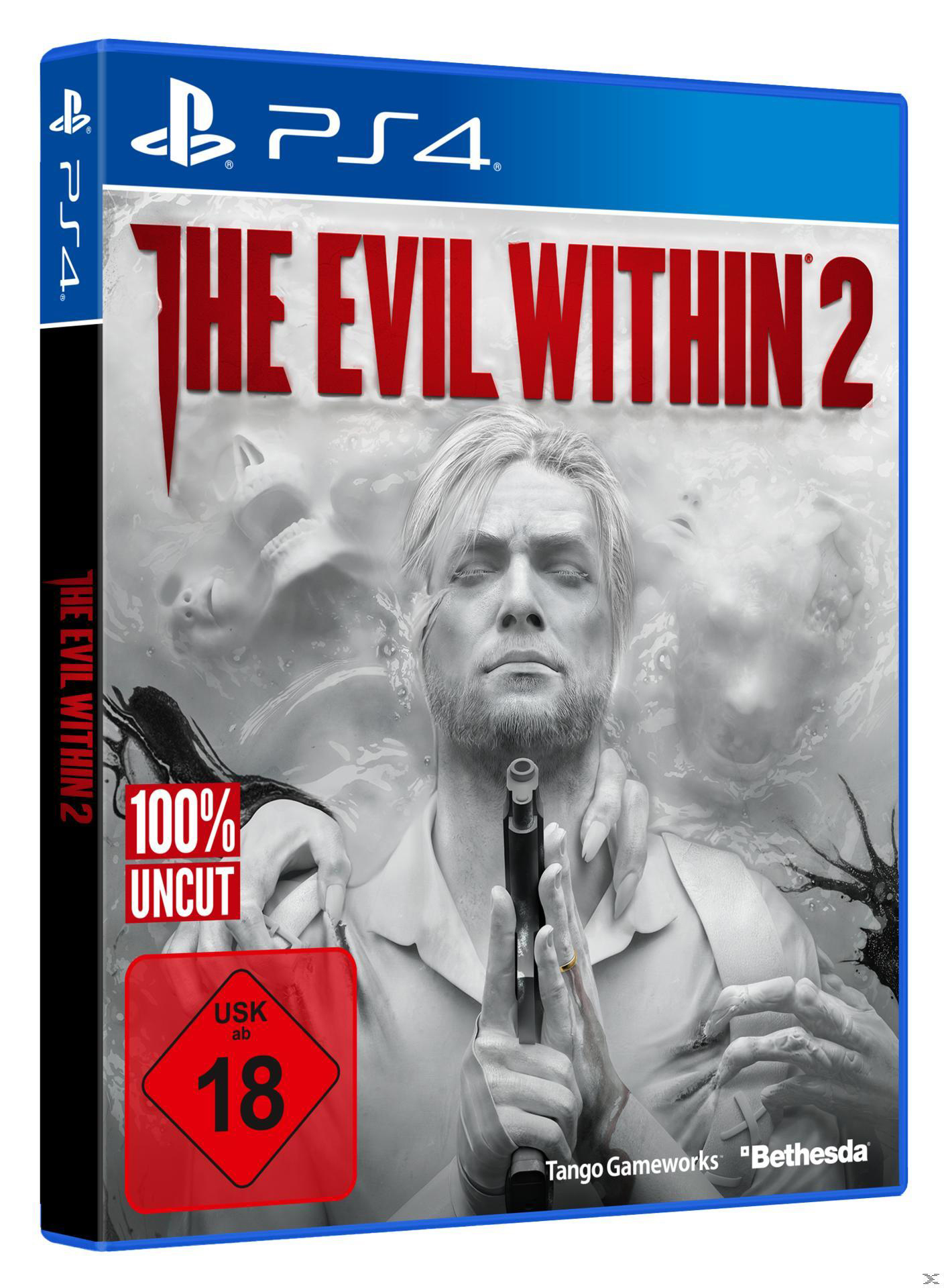 The Evil Within 2 Spielcover. Mann mit Waffe, Hände auf ihm, grafische Bilder. PS4-Logo.