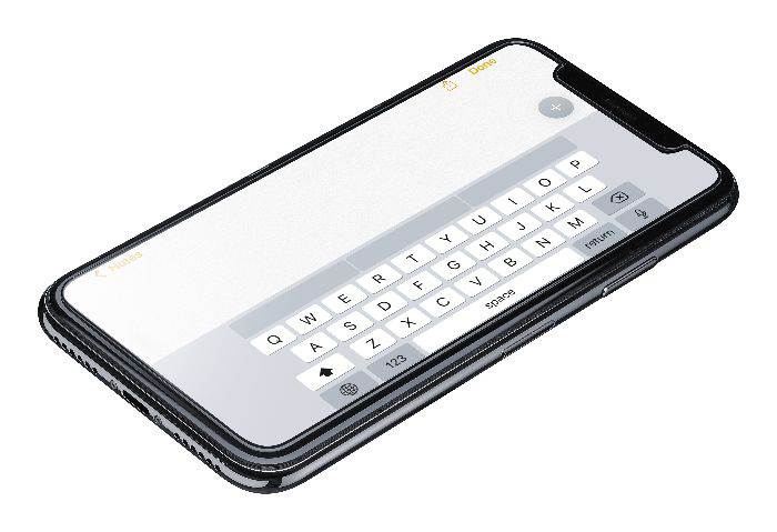 Un smartphone affichant un clavier sur son écran, avec un fond blanc.