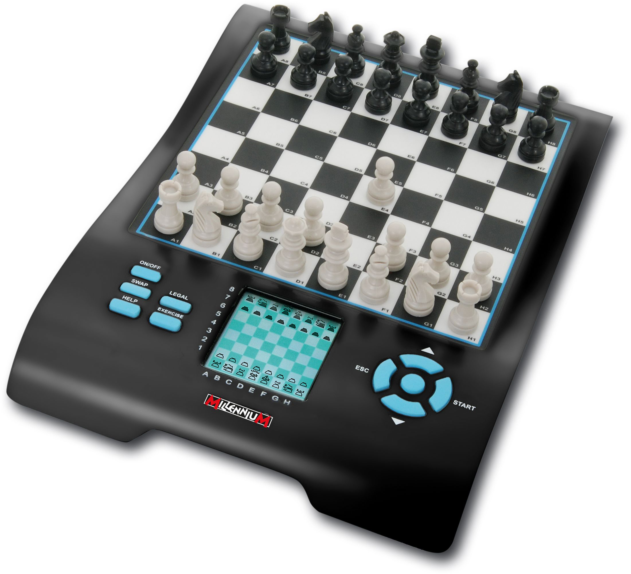 Schachspiel mit schwarzen und weißen Figuren auf einem Brett. Unten befinden sich ein Bildschirm und Knöpfe.
