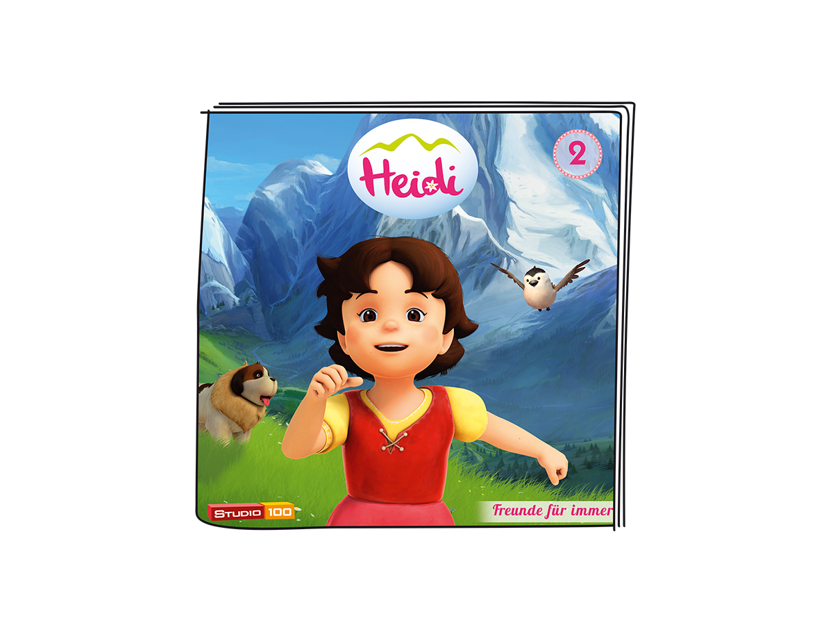 Heidi DVD-Cover. Heidi lächelt in einem roten Kleid. Ein Hund und ein Vogel sind ebenfalls zu sehen. Der Hintergrund ist eine Berglandschaft.