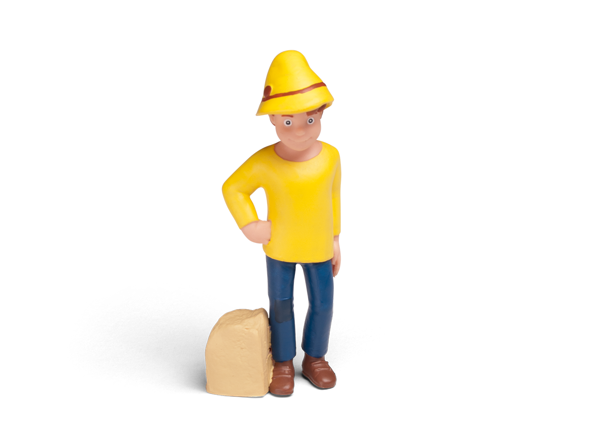Eine kleine Figur eines Cartoon-Mannes in gelbem Hemd, blauen Jeans und gelbem Hut.