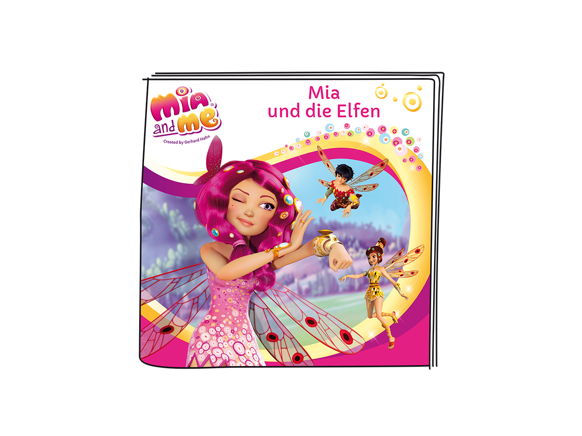 Buchcover von 'Mia and Me'. Ein Mädchen mit pinken Haaren und Feenflügeln, zwinkernd. Zwei Feen fliegen. Titel oben auf Deutsch.
