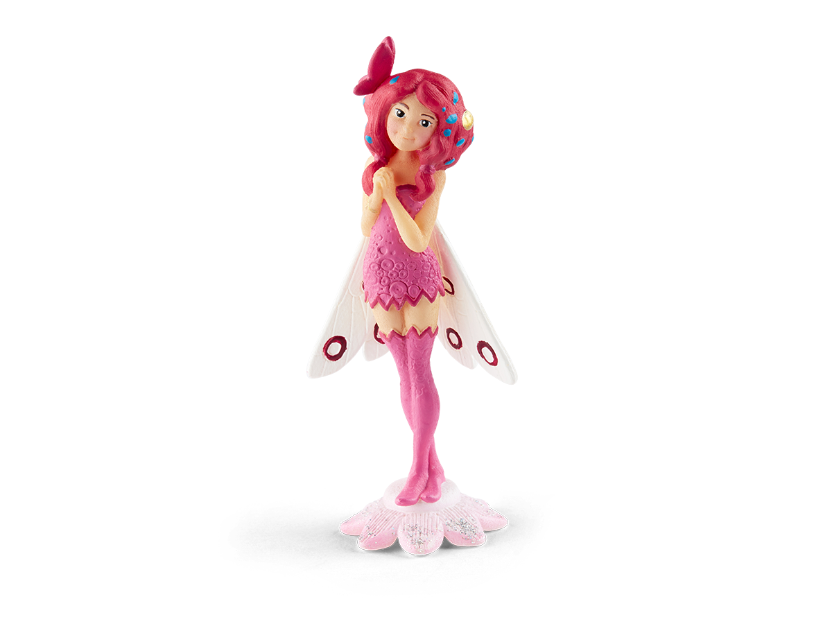 Eine pinkfarbene Feenfigur mit schmetterlingsartigen Flügeln und blumenförmigem Sockel. Sie hat pinkfarbenes Haar, ein Kleid und Leggings. Die Flügel haben rote Details.