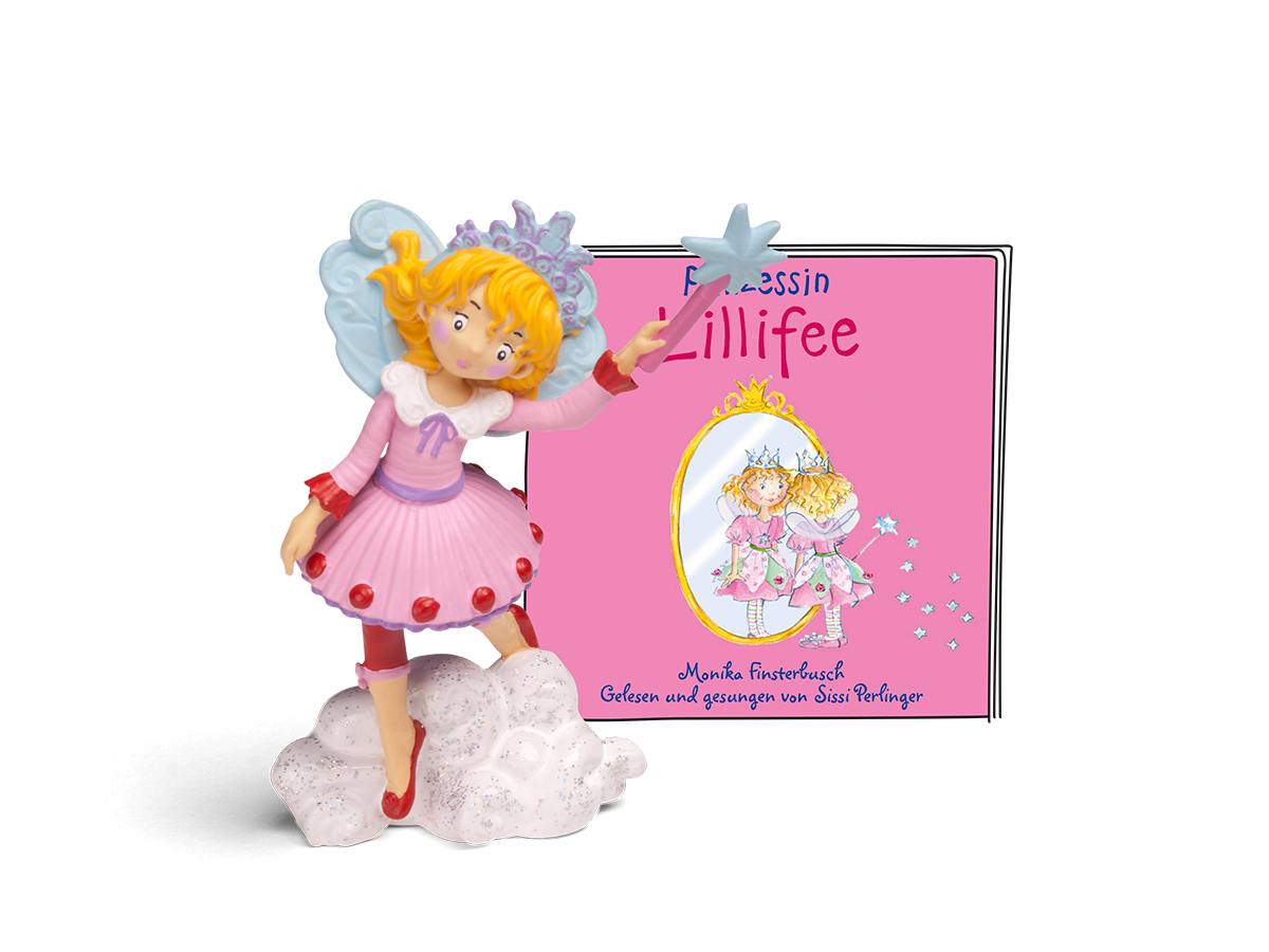 Eine Feenfigur mit Zauberstab neben einem Buch mit dem Titel 'Prinzessin Lillifee'.