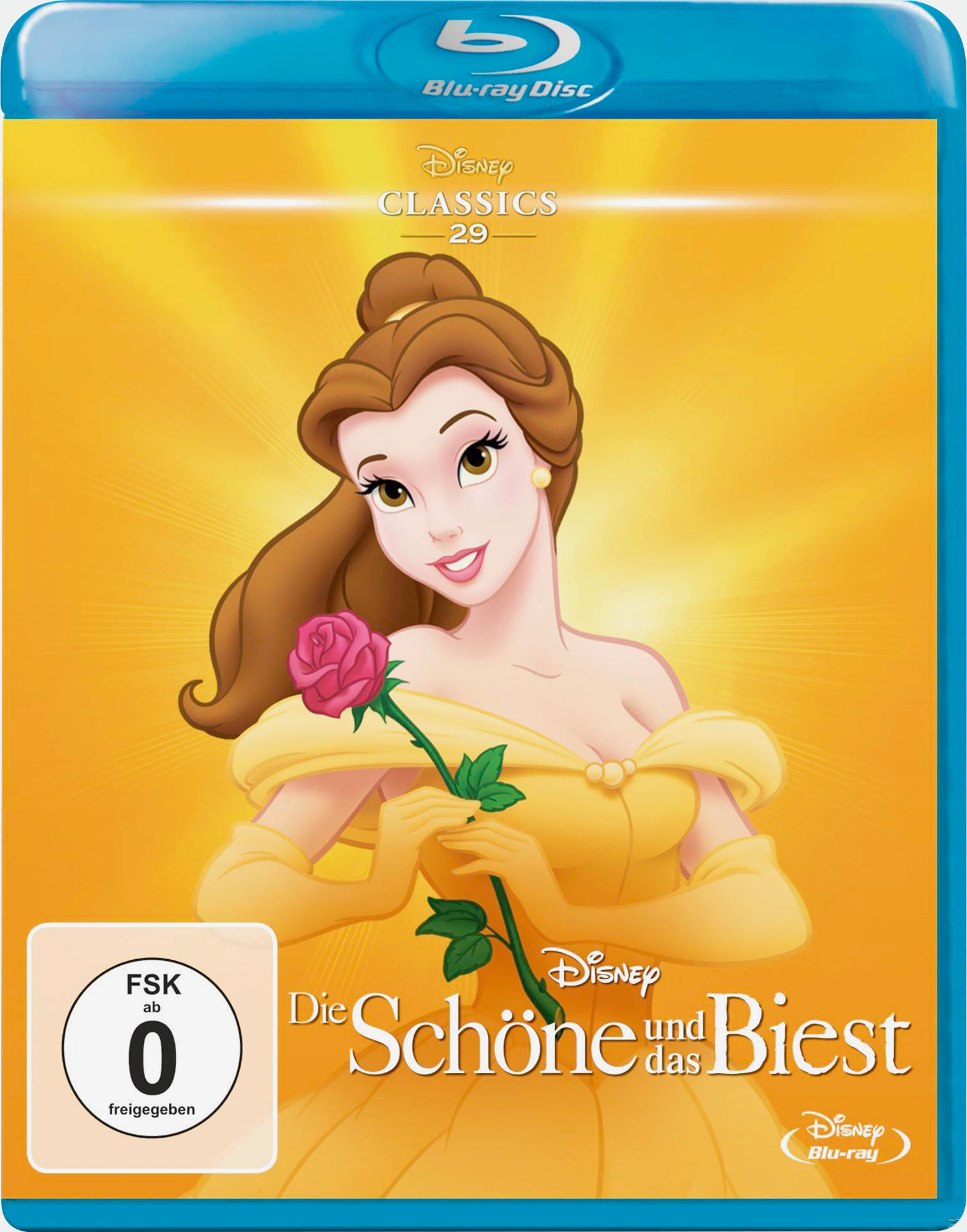 Die Schöne und das Biest Blu-ray-Cover. Belle hält eine Rose, gelbes Kleid. Disney Classics Logo, Sonnenhintergrund.