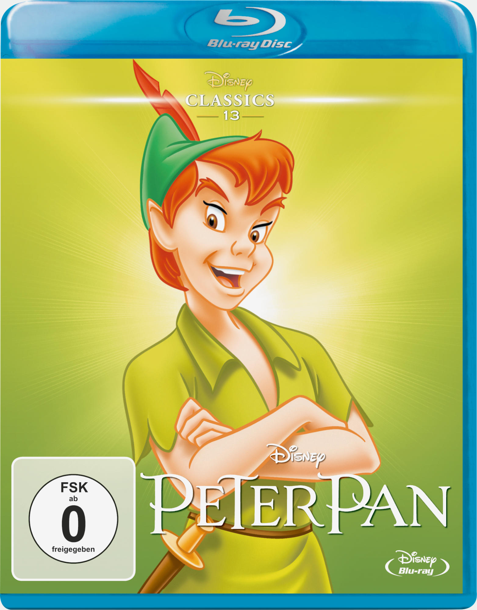 Blu-ray-Cover von Peter Pan. Peter Pan lächelt mit grüner Mütze und Kleidung. Blauer Hintergrund.