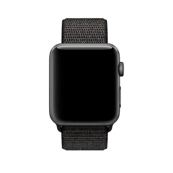 Apple Watch mit schwarzem gewebten Armband. Der Bildschirm ist schwarz. Digitale Krone sichtbar.