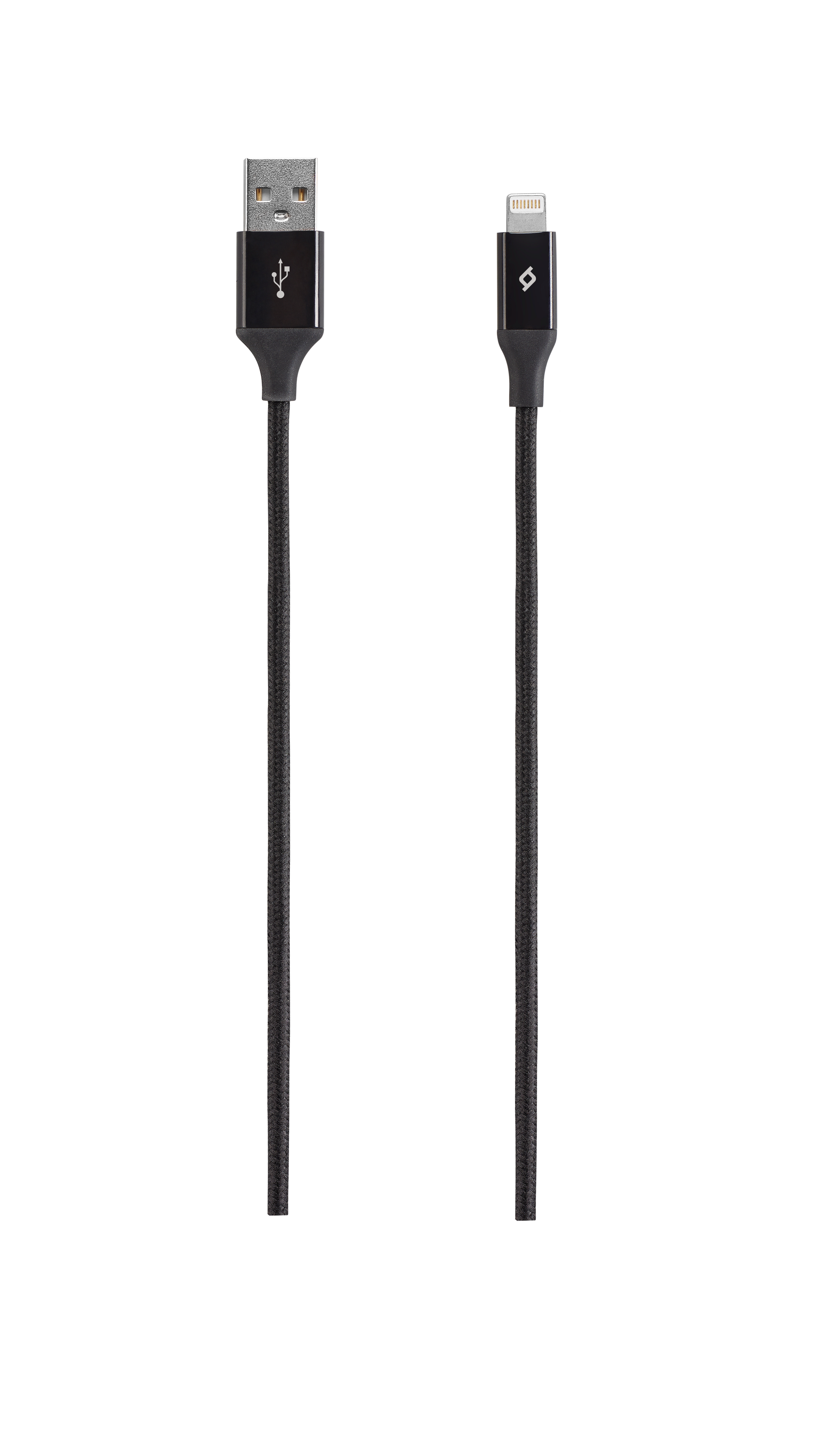 Beyaz zemin &uuml;zerinde siyah USB - Lightning kablosu.