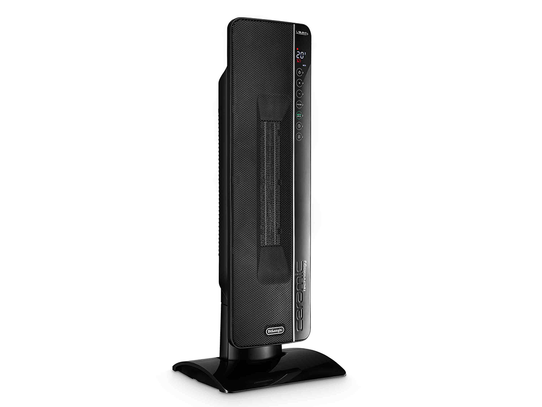 Black DeLonghi ceramic heater on a stand, displaying 20 degrees.