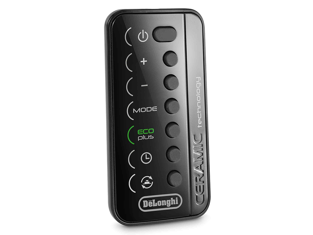 Black remote control with white buttons, with 'Ceramic technology' written on it.