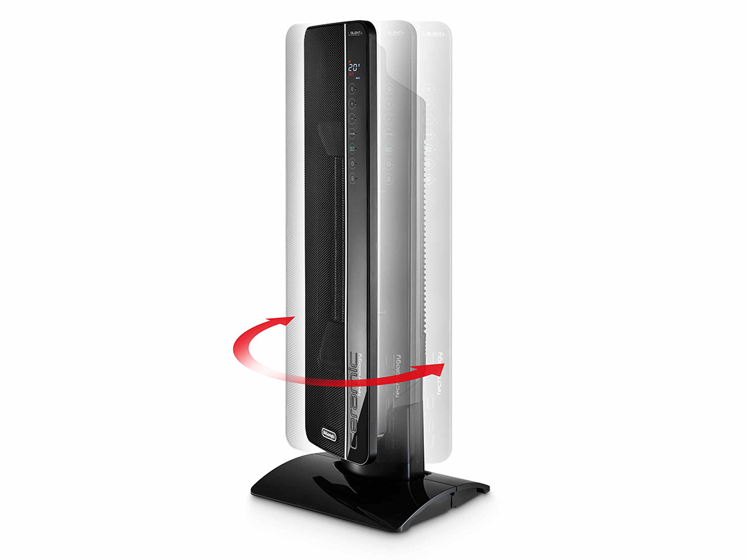 A black and white tower fan is shown in different stages of turning with an arrow indicating rotation.