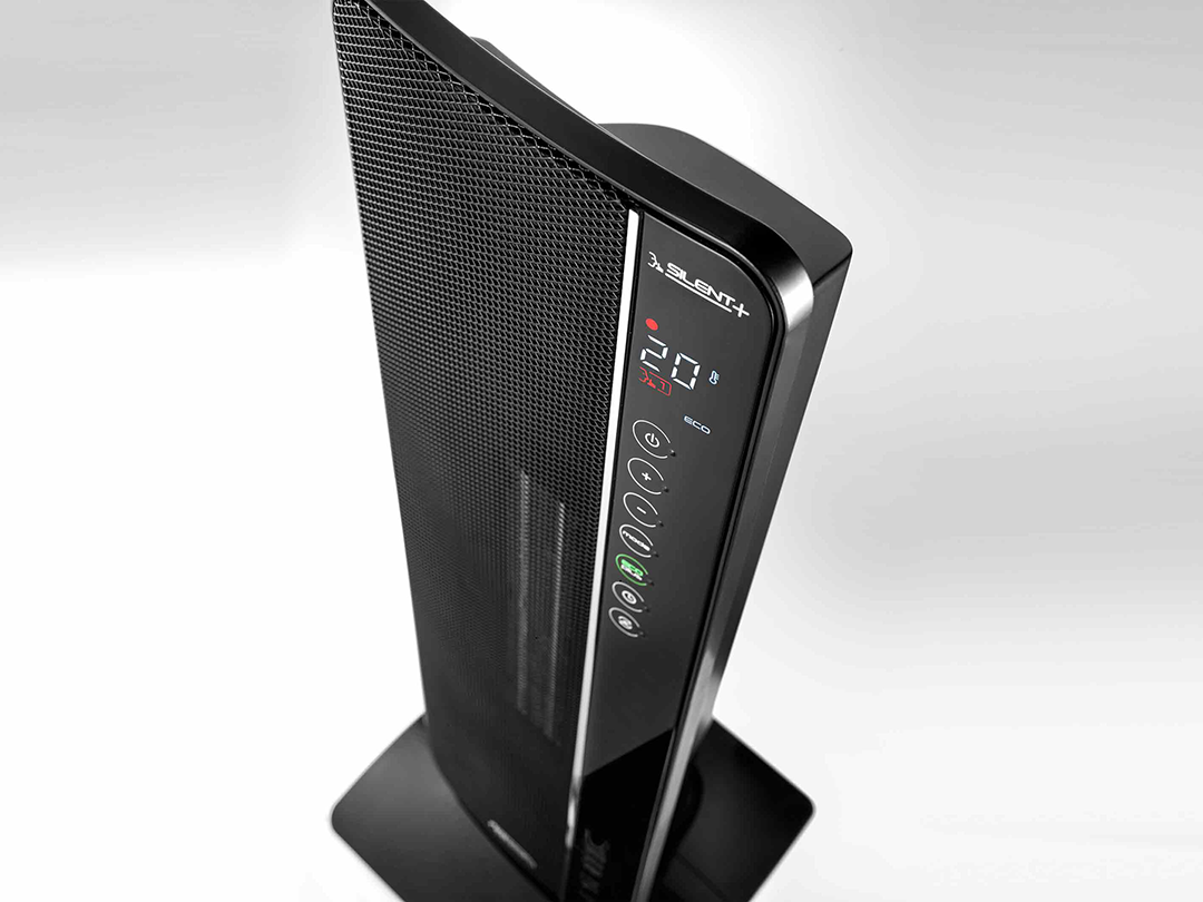 Black and silver tower heater with digital display. It has an eco mode button.