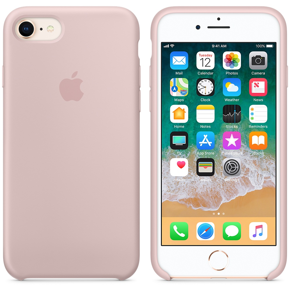 Een roze iPhone in een bijpassend hoesje, scherm aan, met app-iconen. Het hoesje heeft het Apple-logo.
