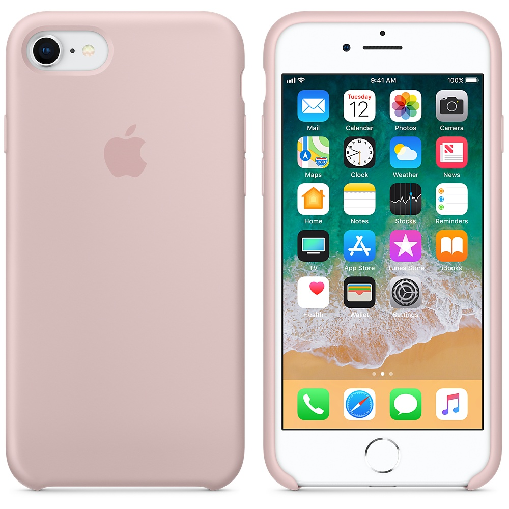 Roze iPhone met hoesje links. Het scherm toont app-iconen.