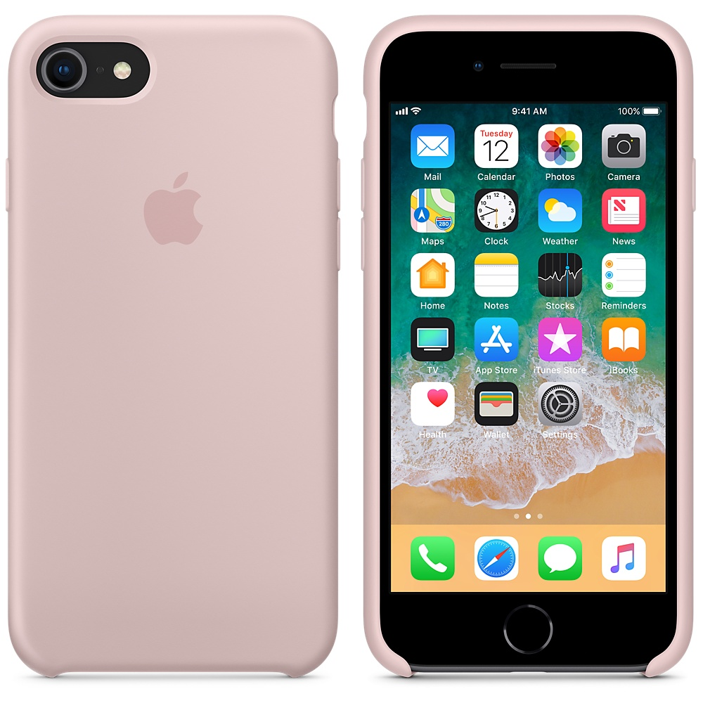 Een roze iPhone wordt getoond naast de roze hoes. Het scherm toont apps. Roze Apple-logo.