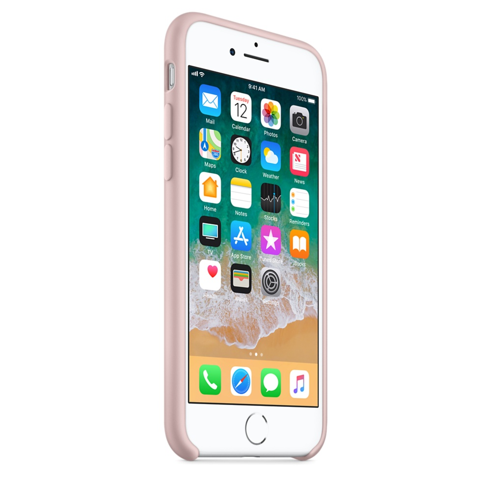 Een witte iPhone met een roze hoesje, met app-iconen op het scherm. De achtergrond is licht.