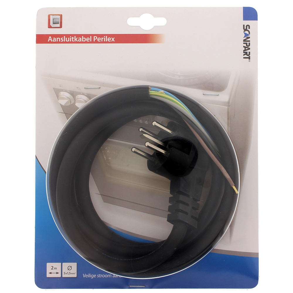 A black electrical cable with a plug, on a package. The background is a dark blue color.