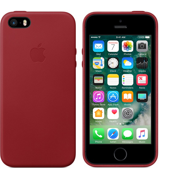 Rotes iPhone mit roter Lederhülle. Bildschirm zeigt App-Icons.