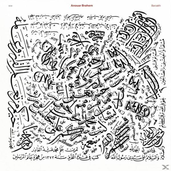 Kalligraphie-Seite mit arabischer Schrift, dunkle Tinte auf weißem Hintergrund. Text: Anouar Brahem, Barzakh