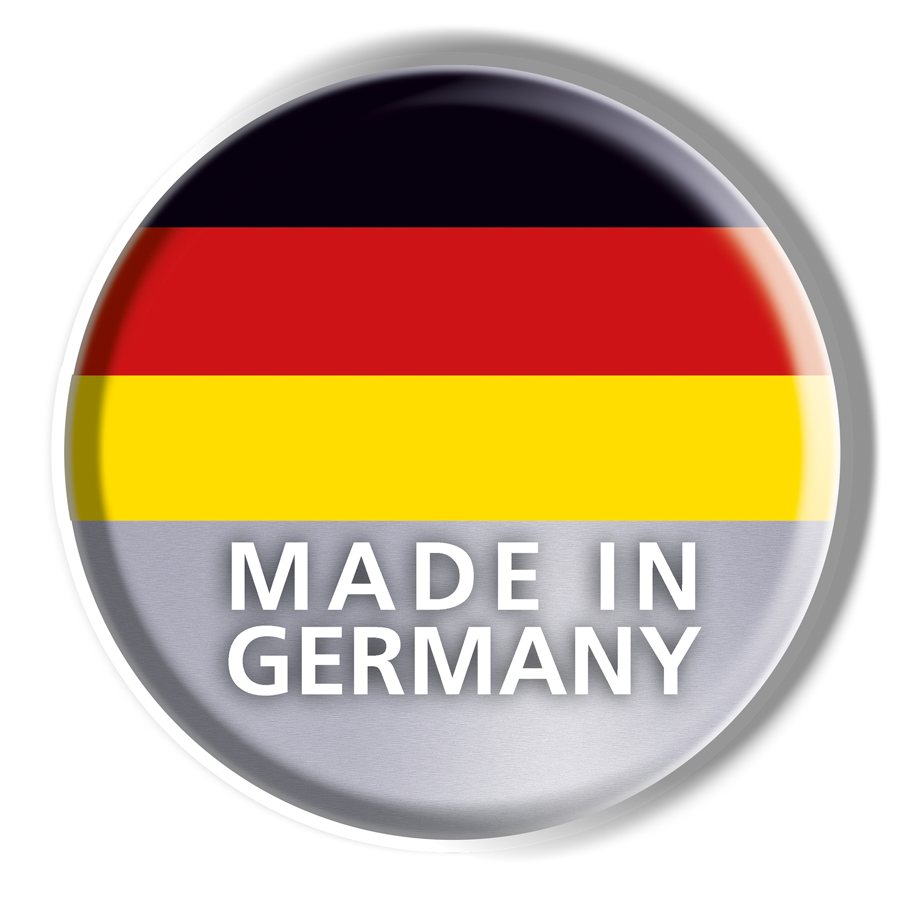 Ein rundes Abzeichen mit der deutschen Flagge und den Worten „MADE IN GERMANY“.