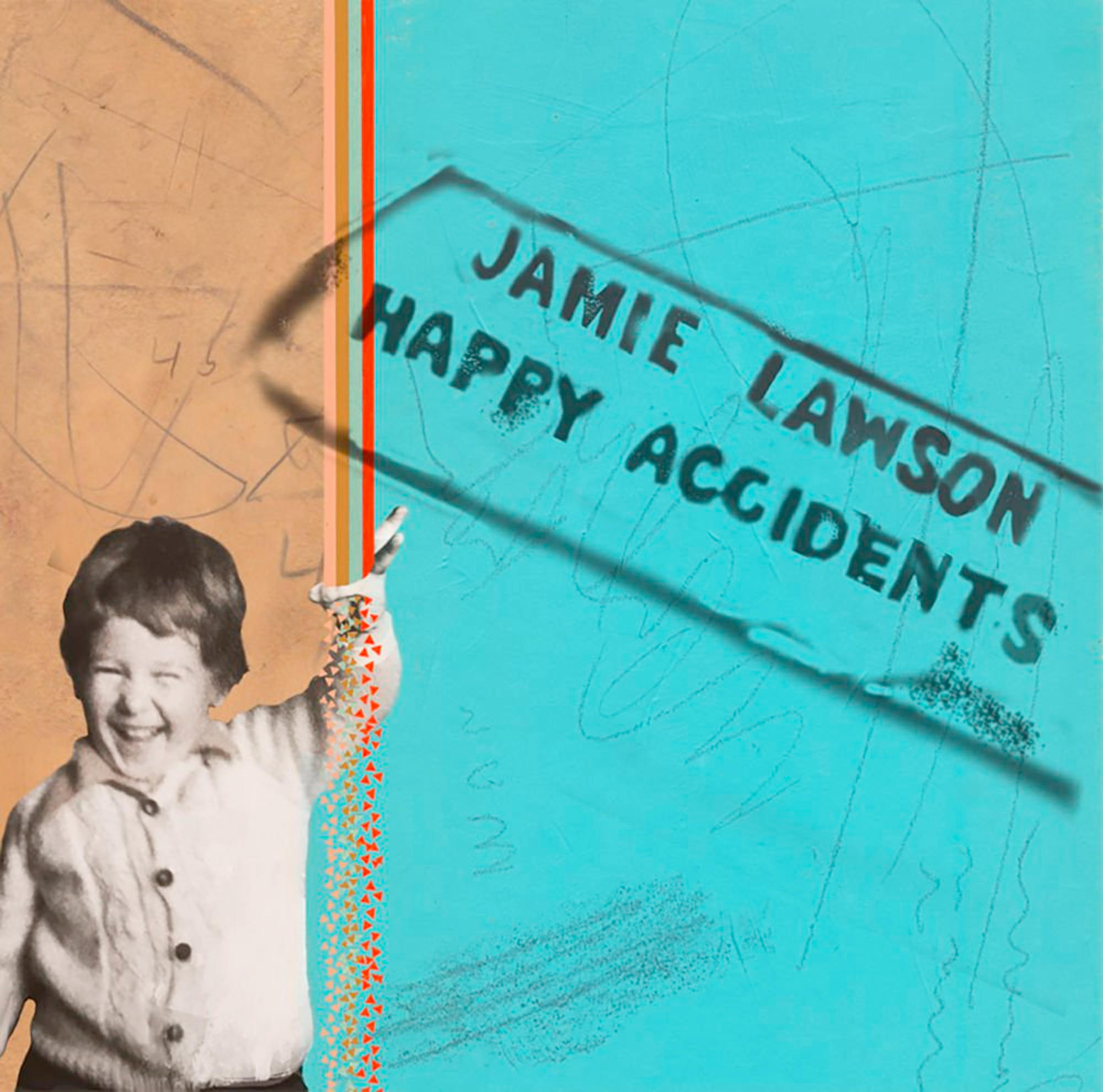 Kind mit Zeichnung, Text "Happy Accidents". Hintergrund ist orange und blau.