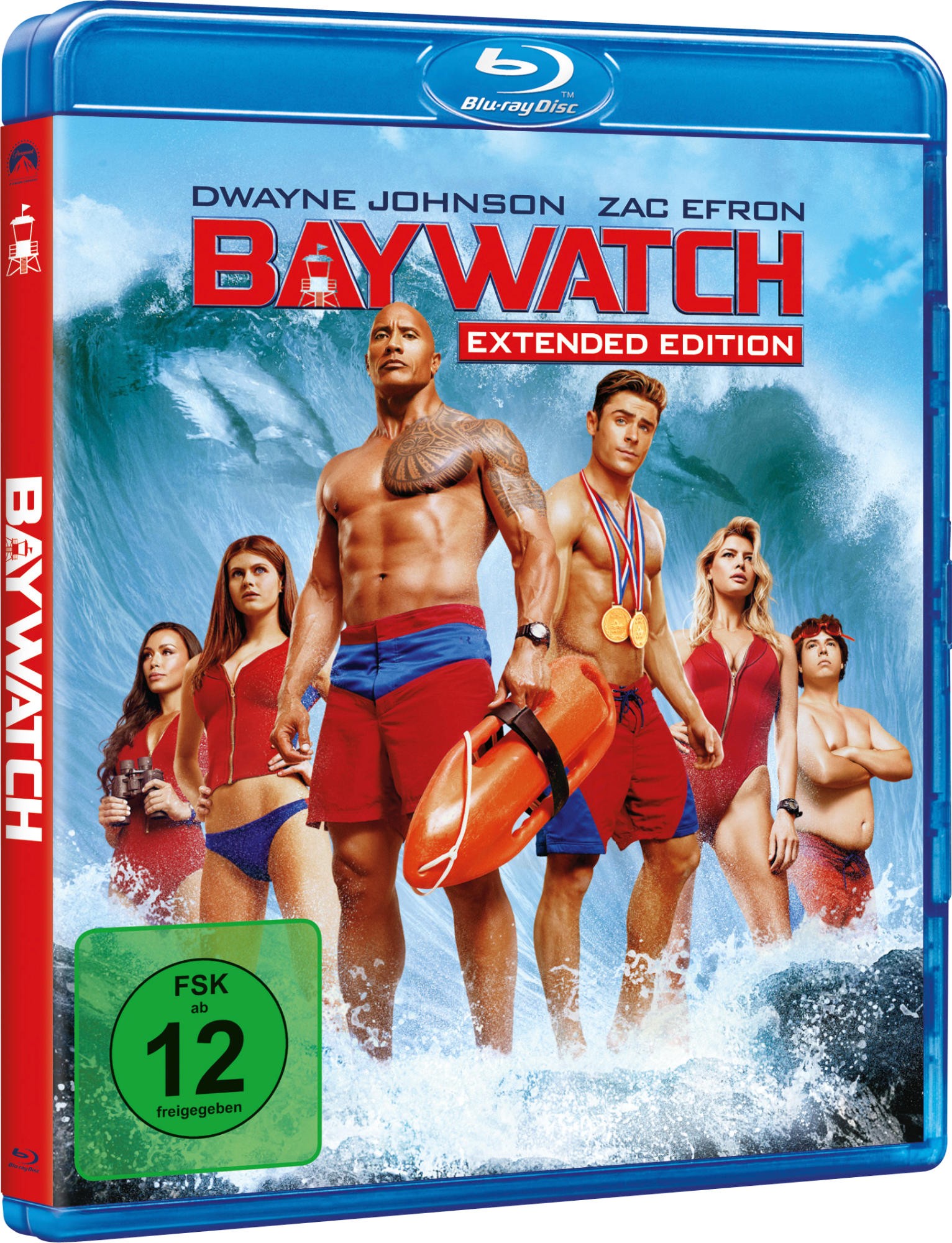 Blu-ray-Cover: Film Baywatch. Dwayne Johnson und Zac Efron sind zu sehen. Der Hintergrund zeigt eine Welle.