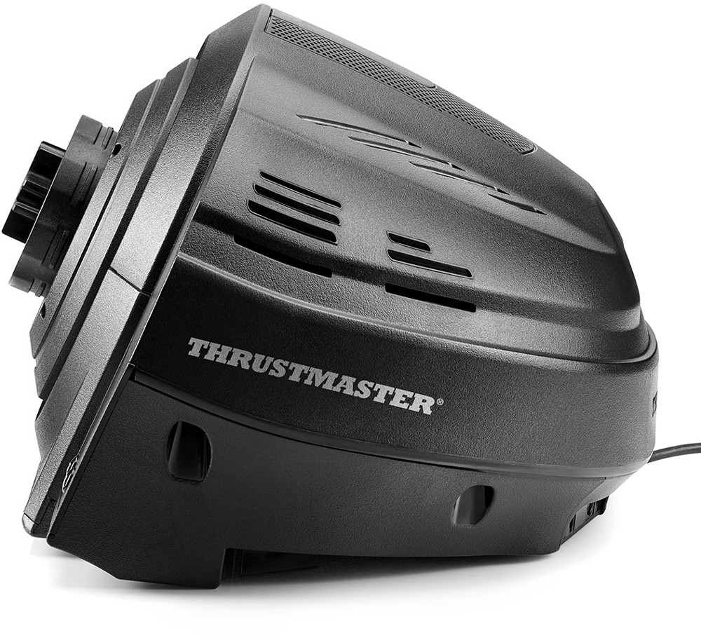 Zwarte Thrustmaster race-stuurvoet, zijaanzicht, met meerdere poorten.