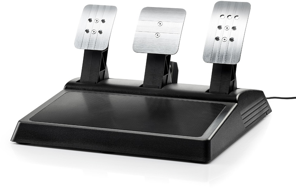 Zwarte voetpedaalset voor gaming. Drie zilveren pedalen op een getextureerde basis. Witte achtergrond.