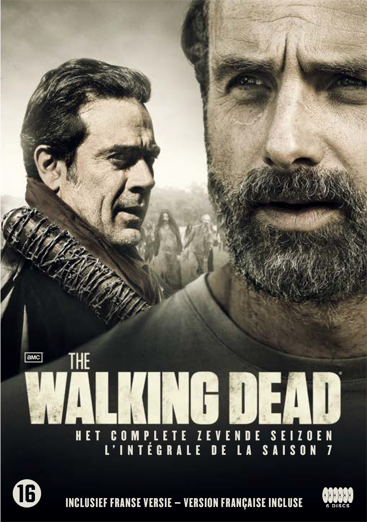Couverture DVD pour The Walking Dead, avec deux visages d'hommes et des zombies en fond.