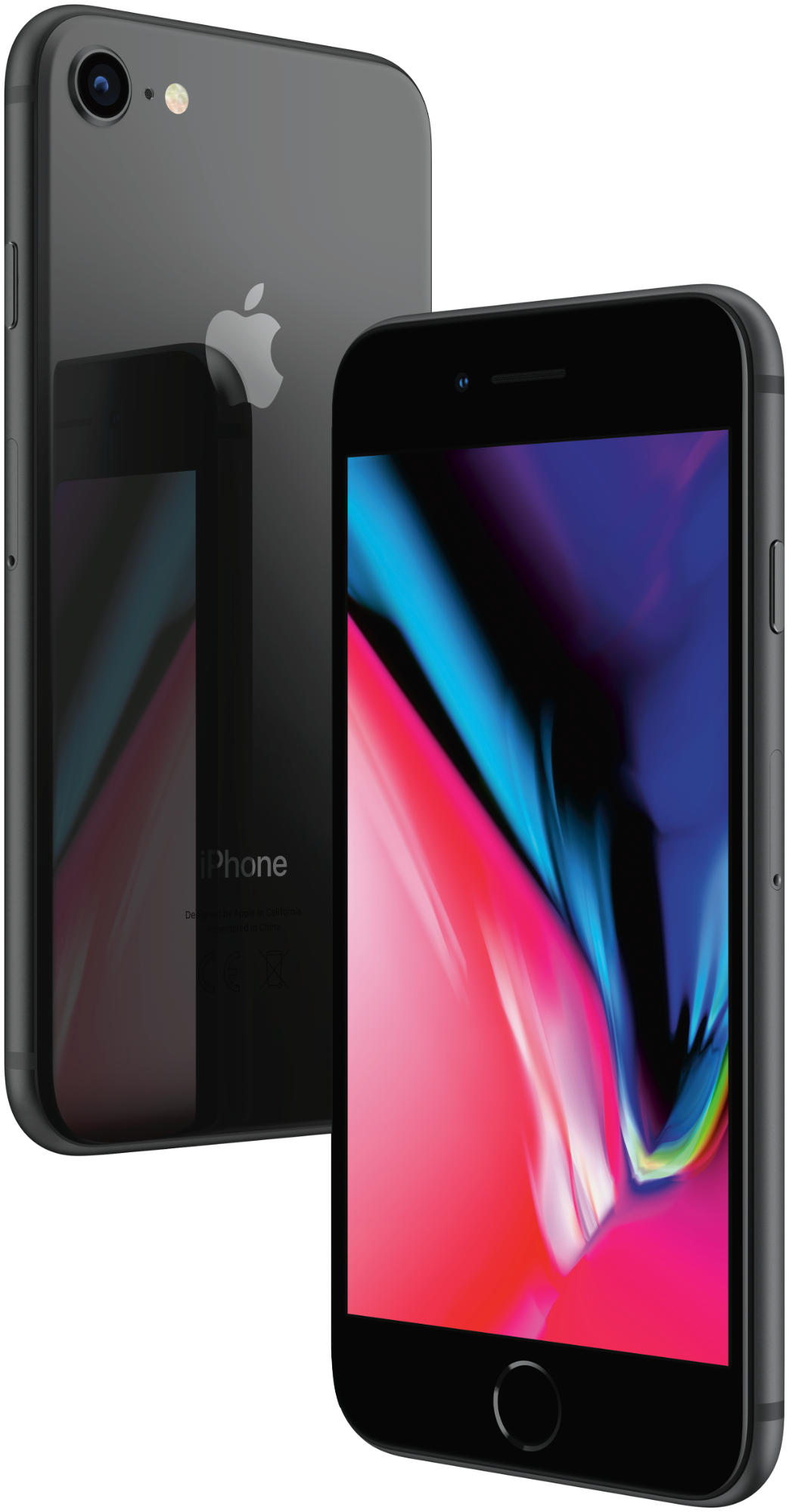 Zwei schwarze iPhones. Eines zeigt die Rückseite, das andere den Bildschirm mit einem farbenfrohen Hintergrundbild.