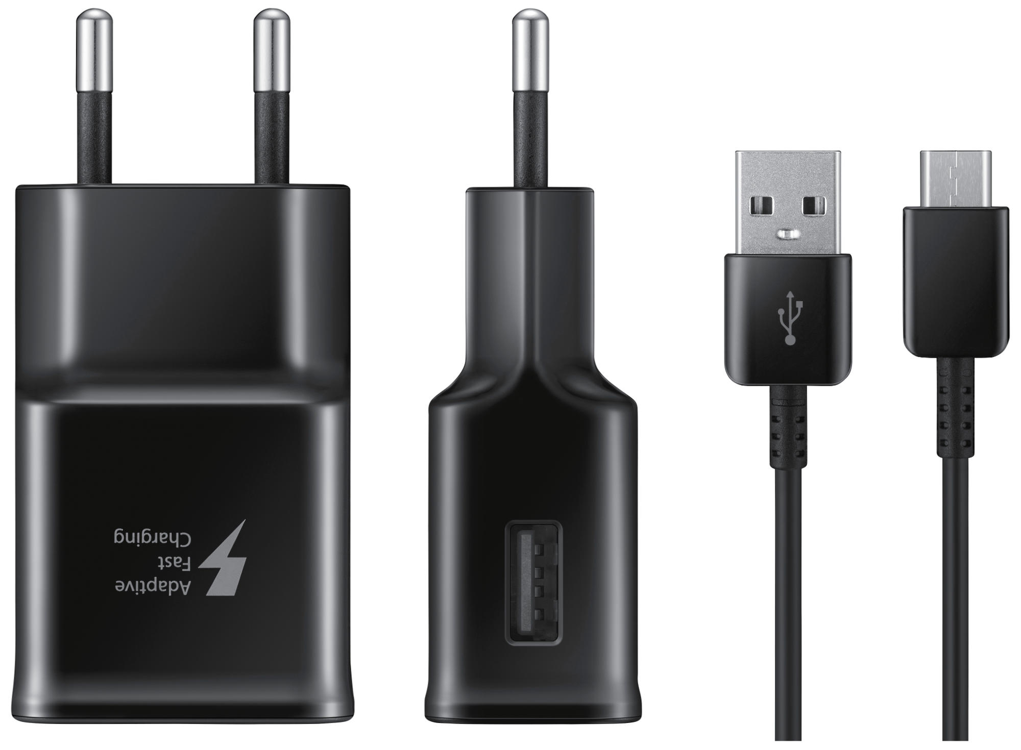 Schwarzes Ladegerät und Kabel.