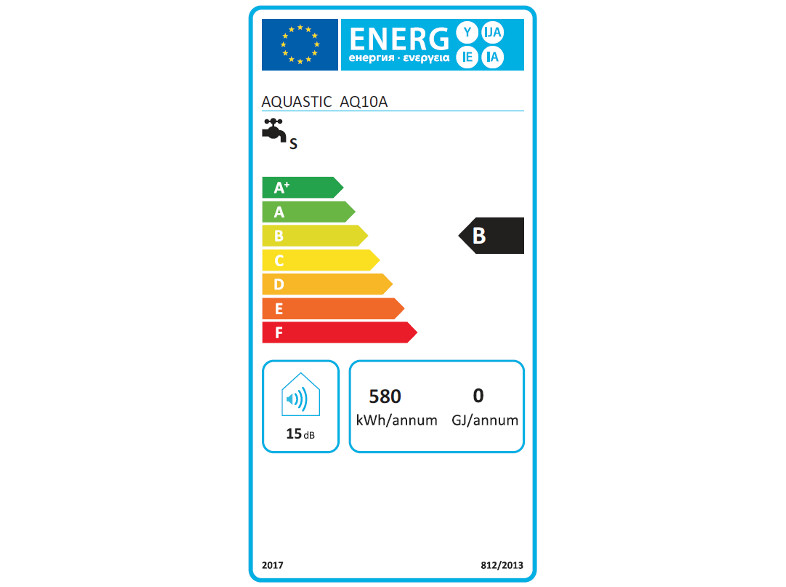Energia címke csaptelephez. Energiahatékonyságot, zajszintet és használatot mutat.