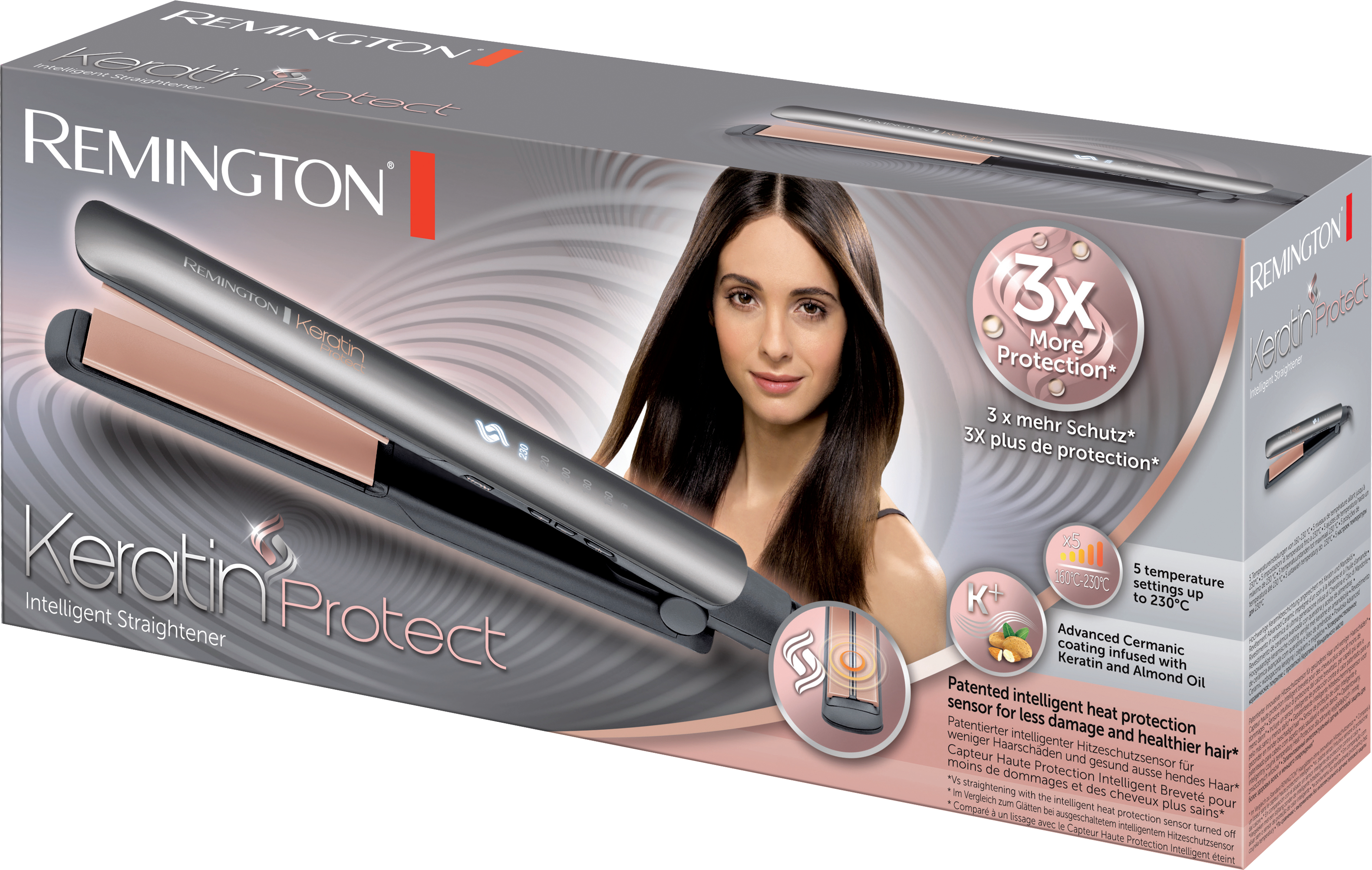Remington Keratin Protect hajvasaló doboza. Egy hosszú hajú nő látható. A doboz piros és szürke.