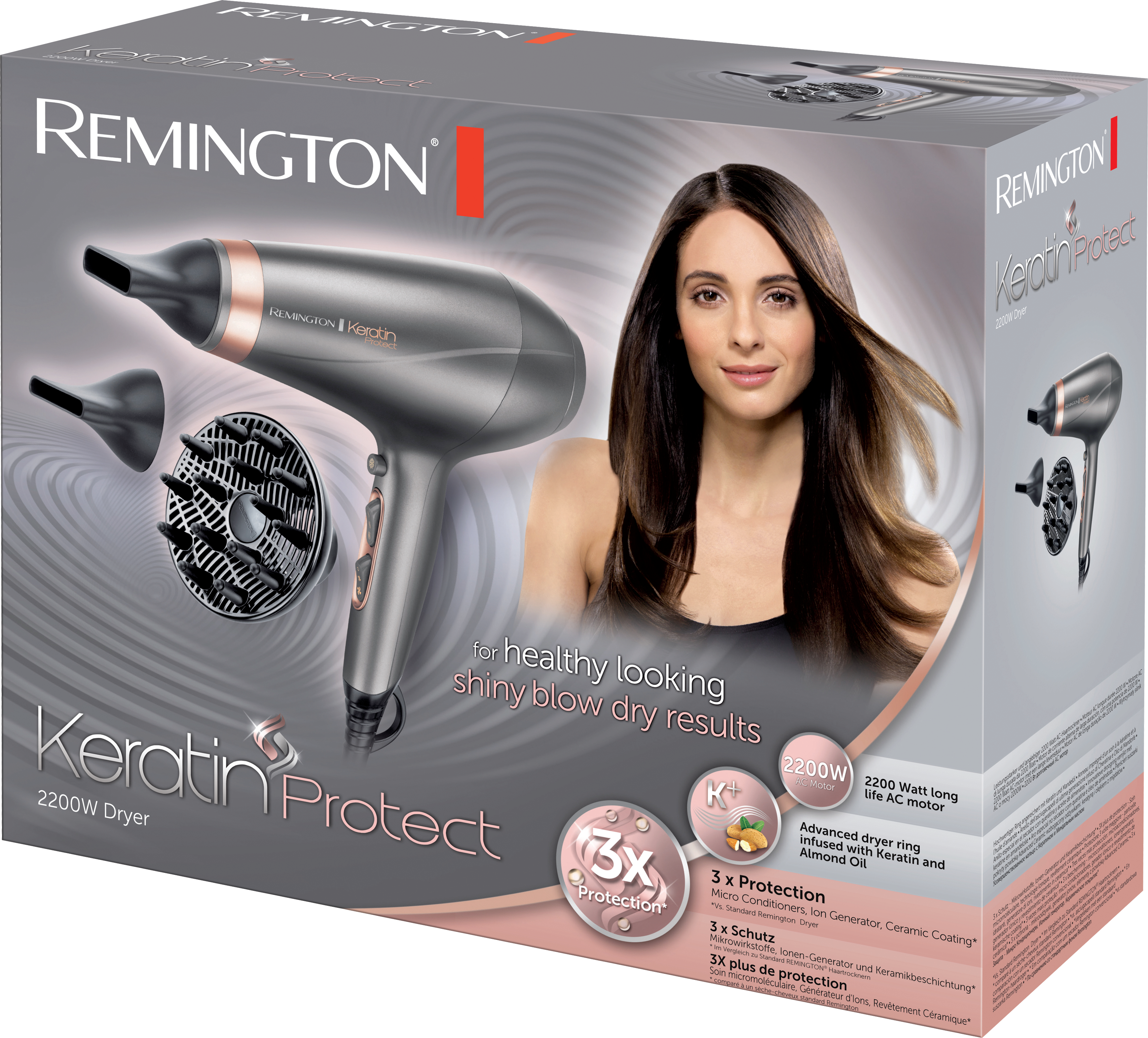 Remington Keratin Protect hajszárító egy dobozban. Nő képe a dobozon. Fehér háttér.