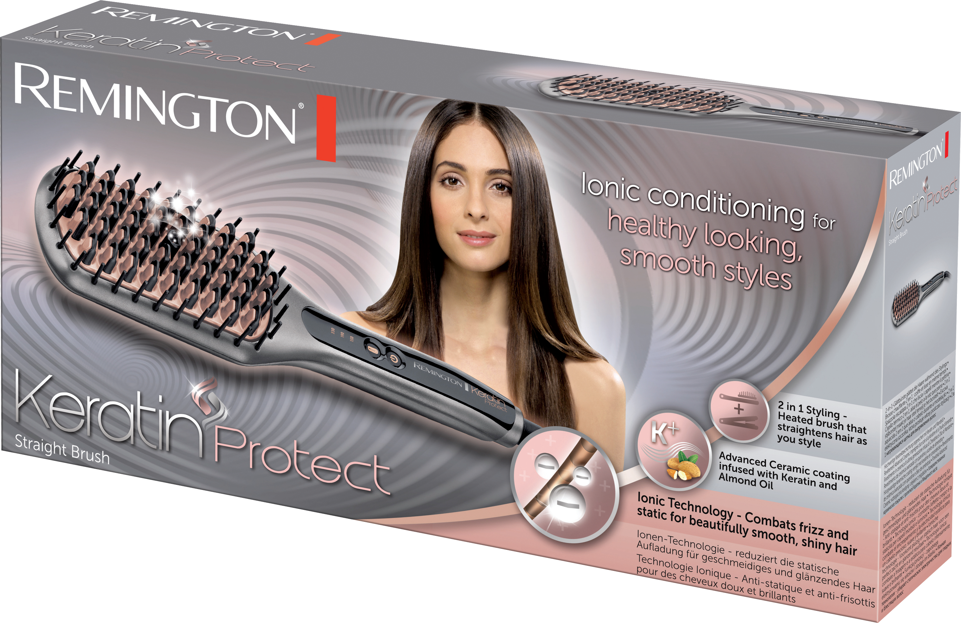 Remington Keratin Protect hajegyenesítő kefe csomagolása, hosszú hajú nő.