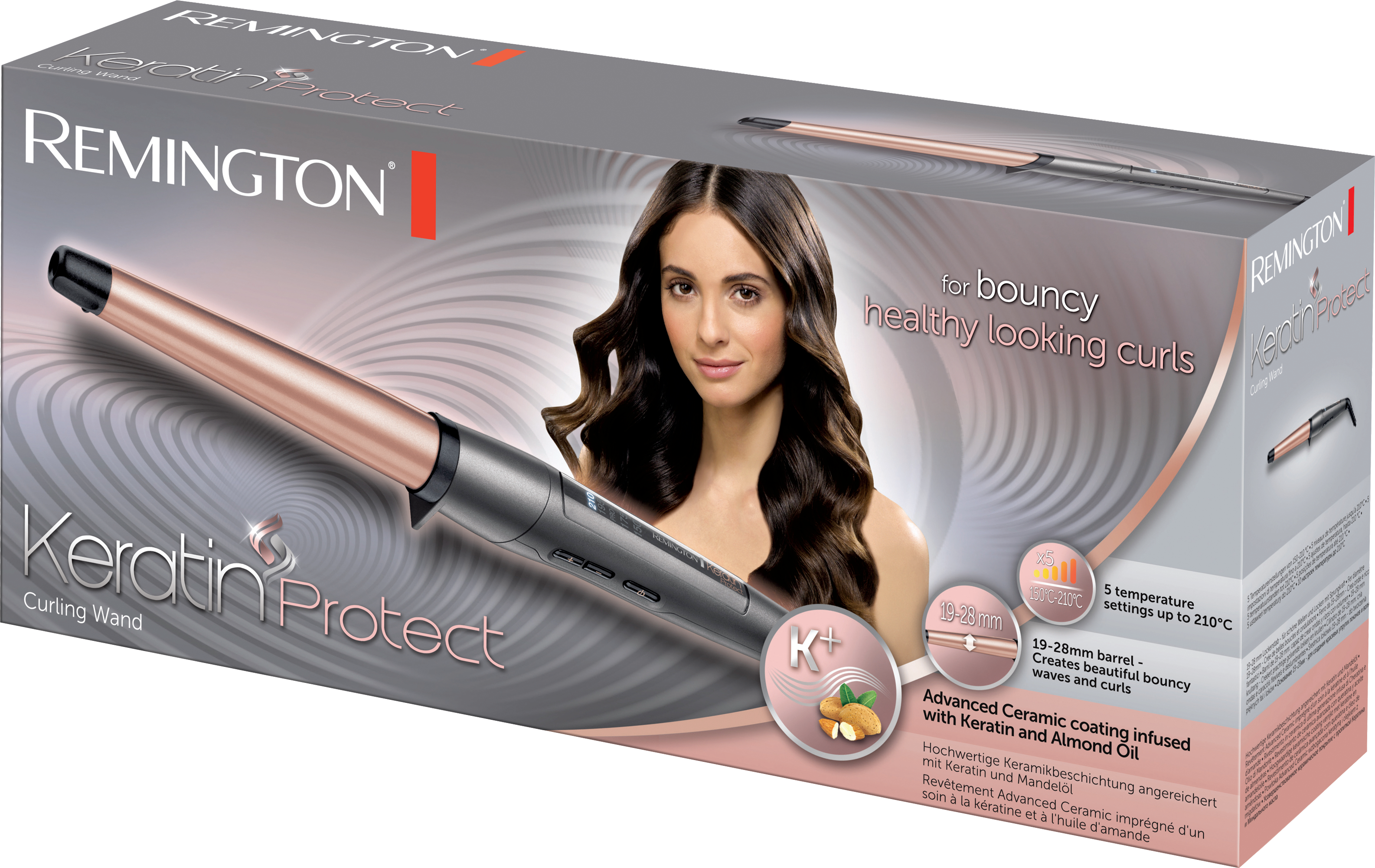 Remington Keratin Protect hajgöndörítő doboz, nő képével és termékadatokkal.