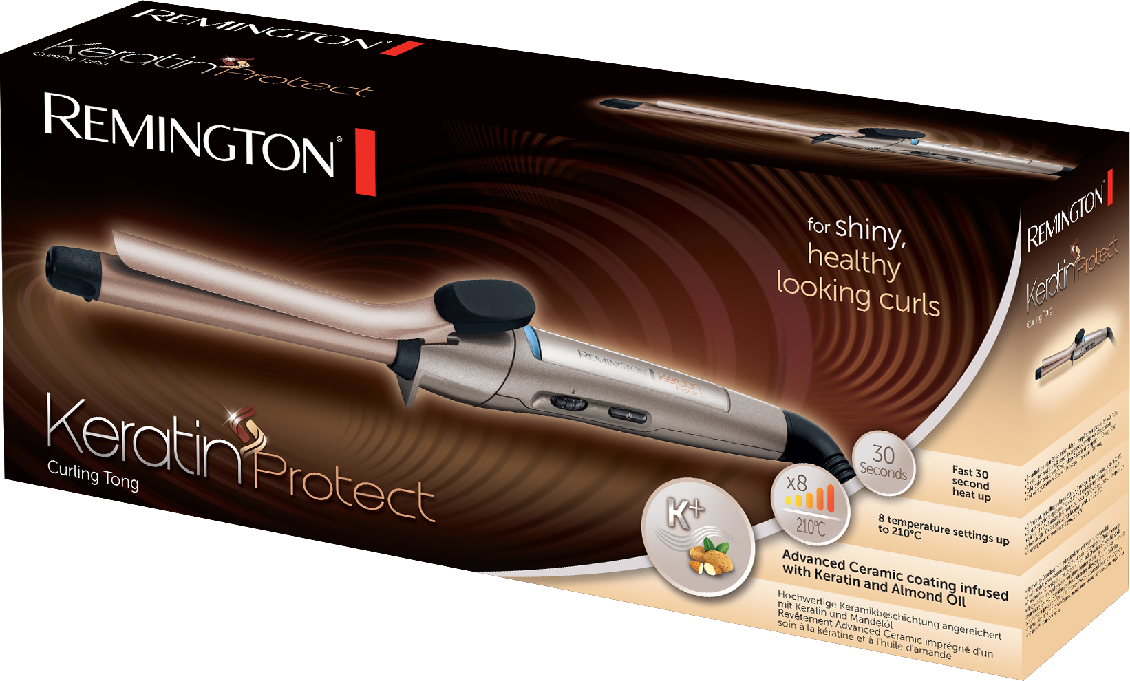 Remington krultang in doos. De doos bevat productnaam, beschrijving en productkenmerken.