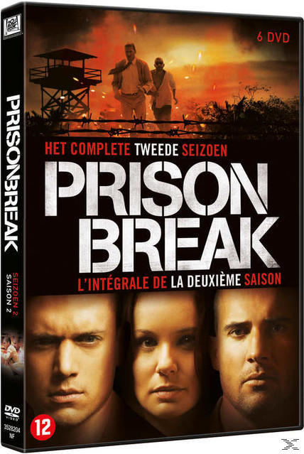 DVD-hoes: Prison Break seizoen 2. Twee mannen rennen, achtergrond van vuur en een wachttoren.