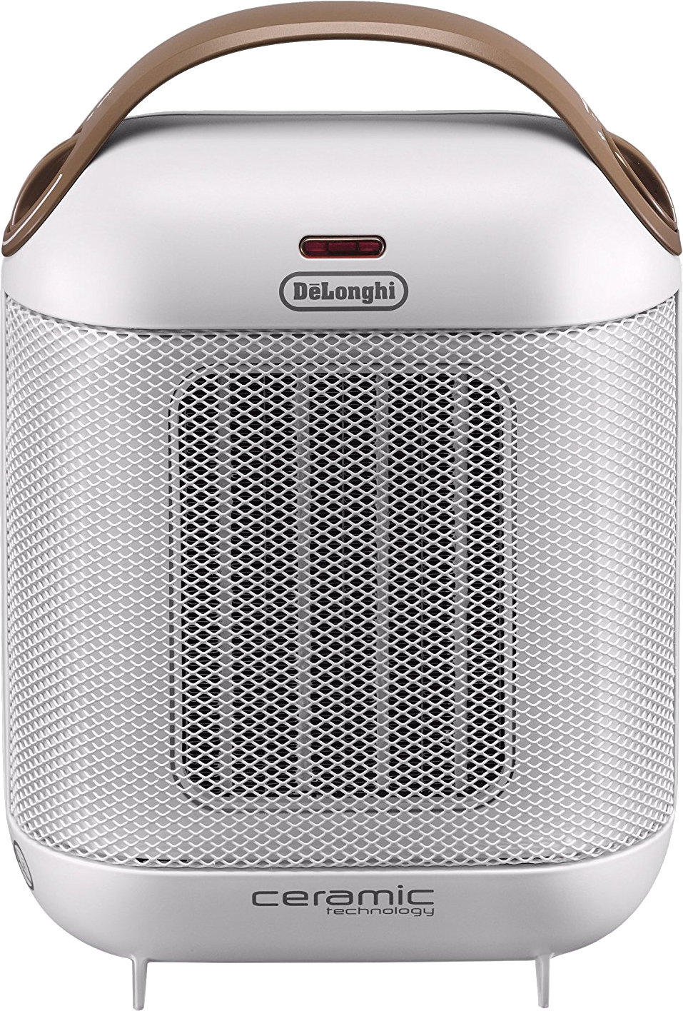 Ein weiß-silberner DeLonghi-Keramikheizer mit braunem Griff. Es hat eine Netzfront und der Markenname ist sichtbar.